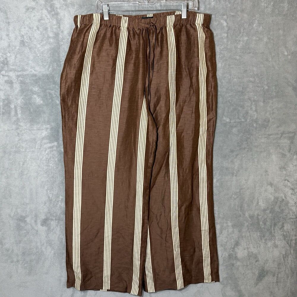 Rag & Bone Olivia Wide Leg XL Pants Linen Silk Brown White Stripe